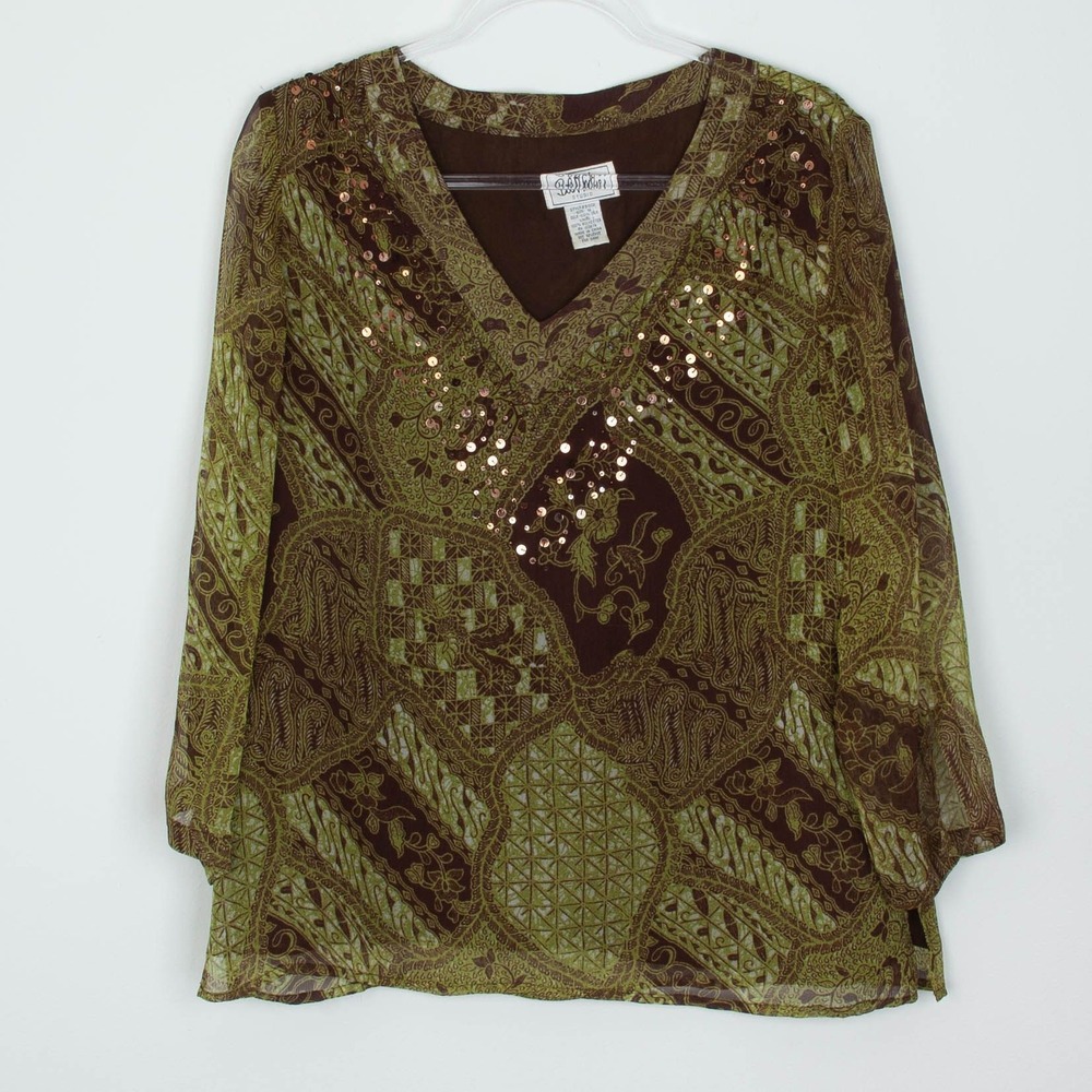 Bob Mackie Womens Art To Wear Silk V Neck Sequin Top‎ Size 14 3/4 Sleeve Office